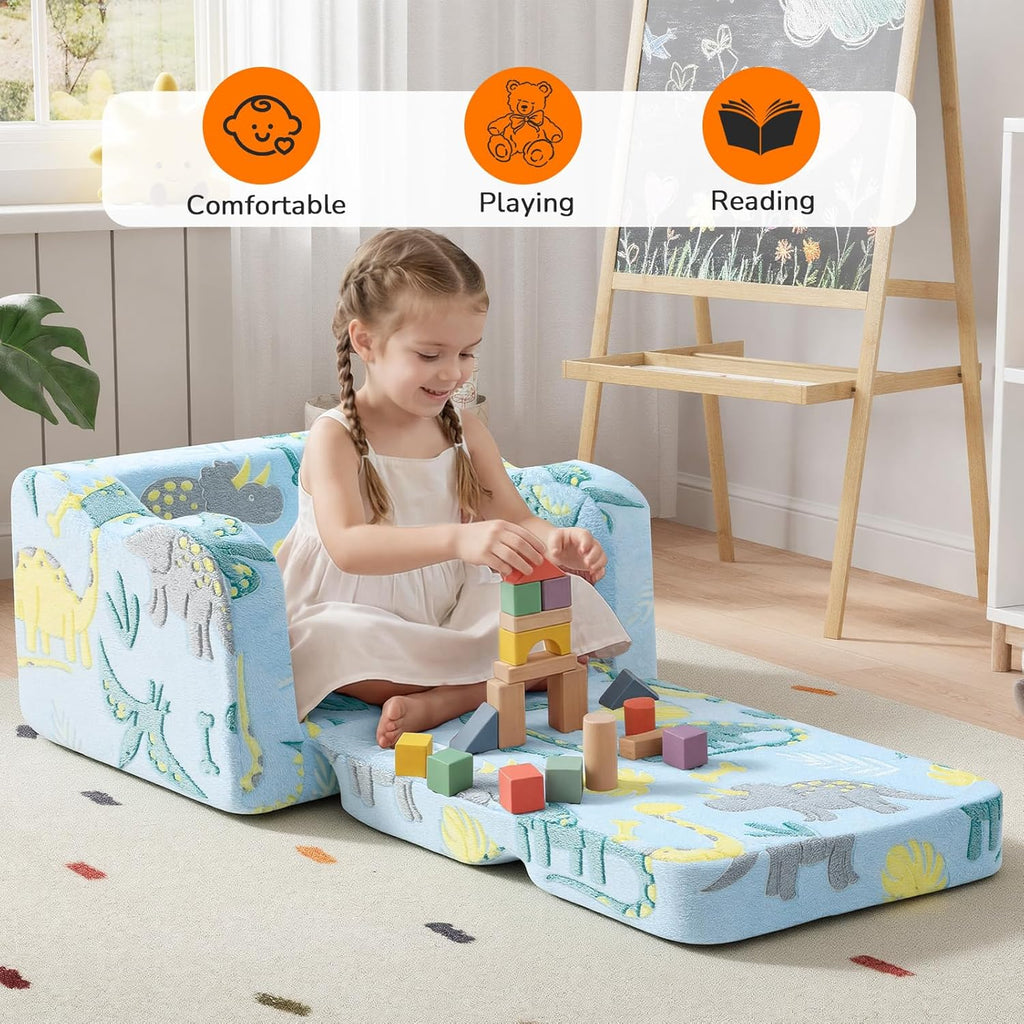 Glowing Dinosaur Kids Chair, 2-In-1 Convertible Kids Couch Fold Out to Lounger, Glow-In-The-Dark Dino Sofa for Boys Ages 1-3, Soft Foam Flip-Out Seat with Washable Cover, Sky Blue | Reading, Relaxing