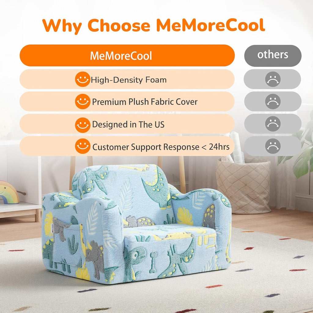 Glowing Dinosaur Kids Chair, 2-In-1 Convertible Kids Couch Fold Out to Lounger, Glow-In-The-Dark Dino Sofa for Boys Ages 1-3, Soft Foam Flip-Out Seat with Washable Cover, Sky Blue | Reading, Relaxing