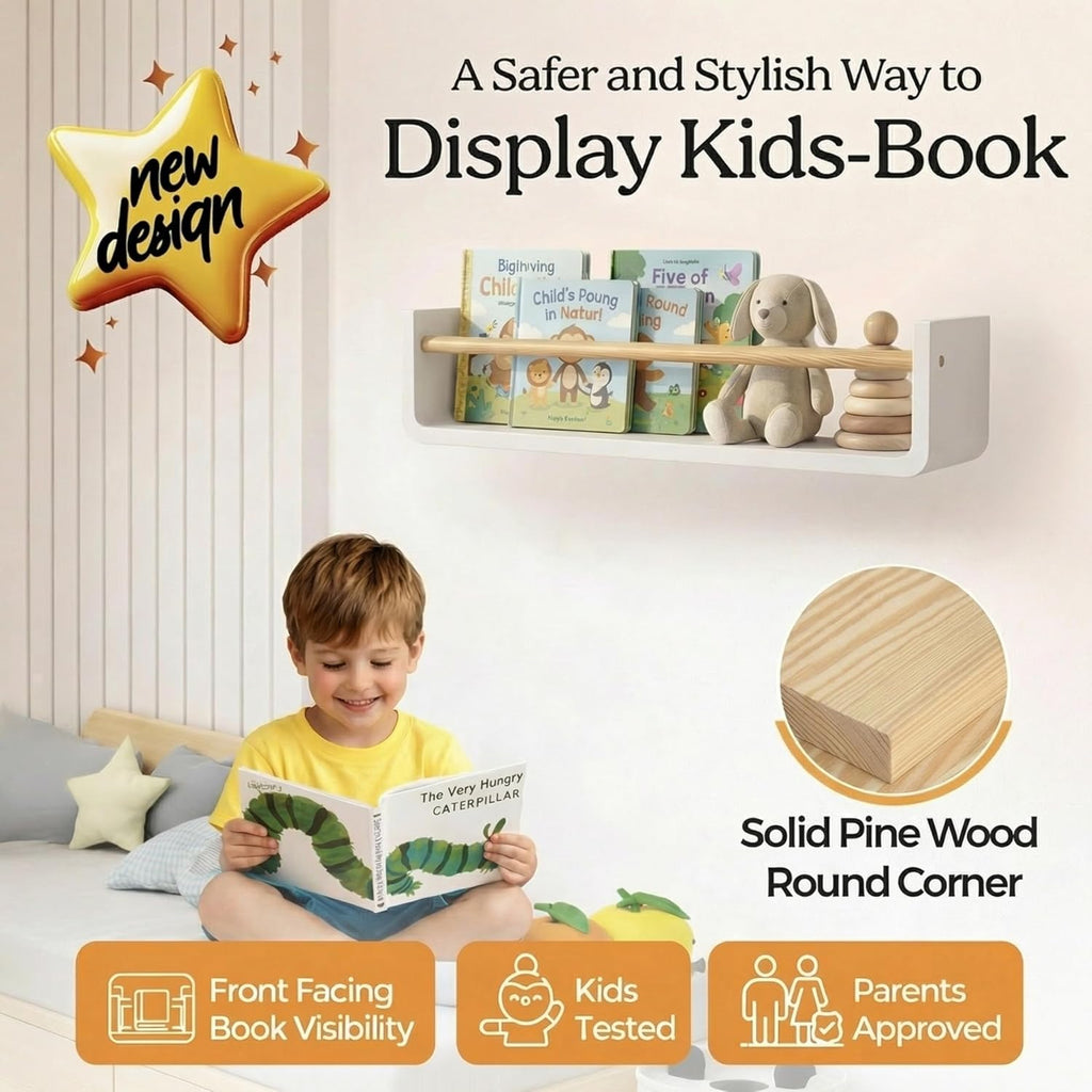 Nursery Book Shelves Set of 2 - Solid Pine Wood Nursery Bookshelf, Floating Nursery Shelves for Wall, Wall Bookshelf for Kids Room, No-Assembly Wall Mounted Baby Book Shelf. (White)