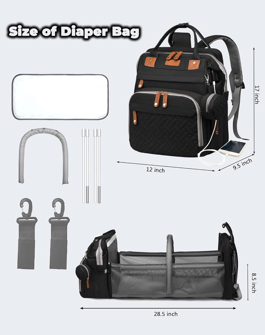 Baby Diaper Bag with Changing Station, Waterproof Diaper Bag Backpack for Moms Dads with USB Charging Port, Baby Shower Gifts, Large Capacity Diaper Backpack, Black