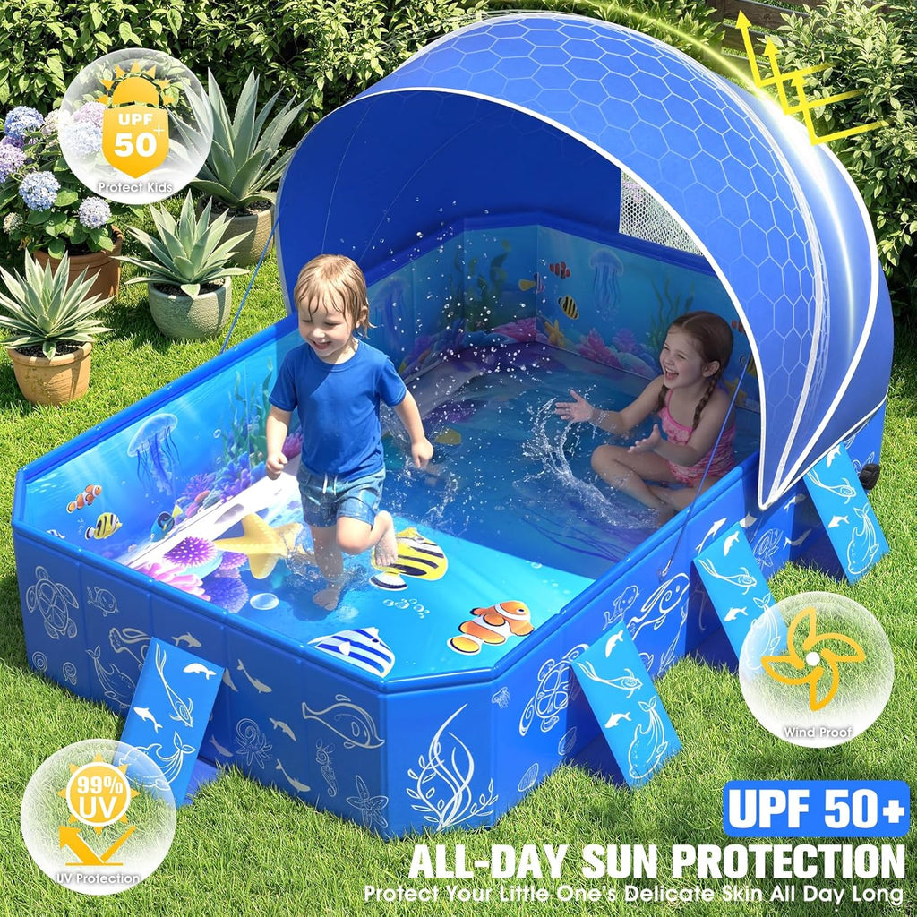 Kiddie Pool with Canopy,Baby Swimming Pool for Toddler,Non-Inflatable Portable Pool for Kid,Foldable Toddler Pool with Shade,Kids Pool for Backyard.Outdoor Pop up Kiddie Beach Pool 53"X40"X33'