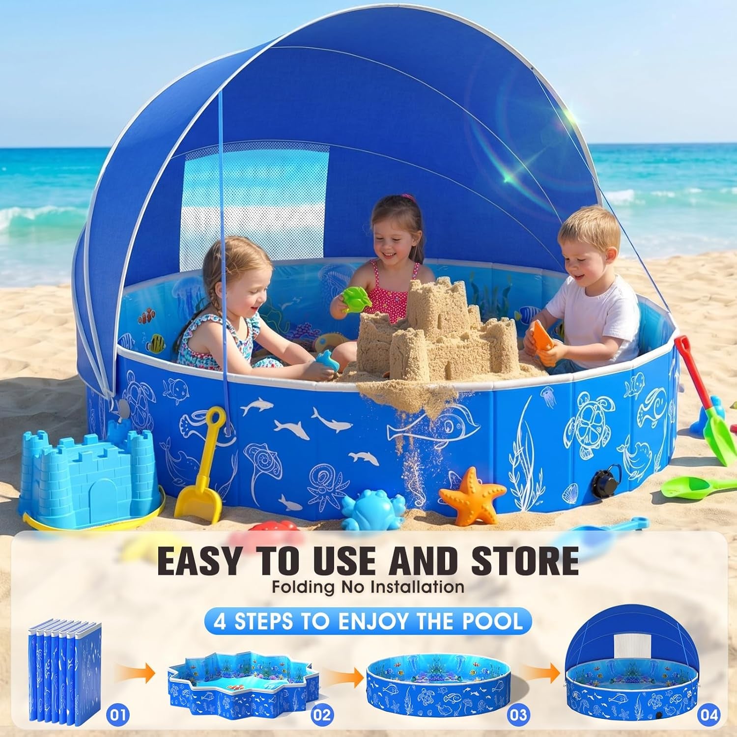 2026 Kiddie Pool with Canopy,Baby Swimming Pool for Toddler,Foldable Kiddie Pool with Shade,Portable Kids Pool for Backyard,Plastic Kiddie Pool with Sun Shade,Pop up Baby Pool for Beach-51''