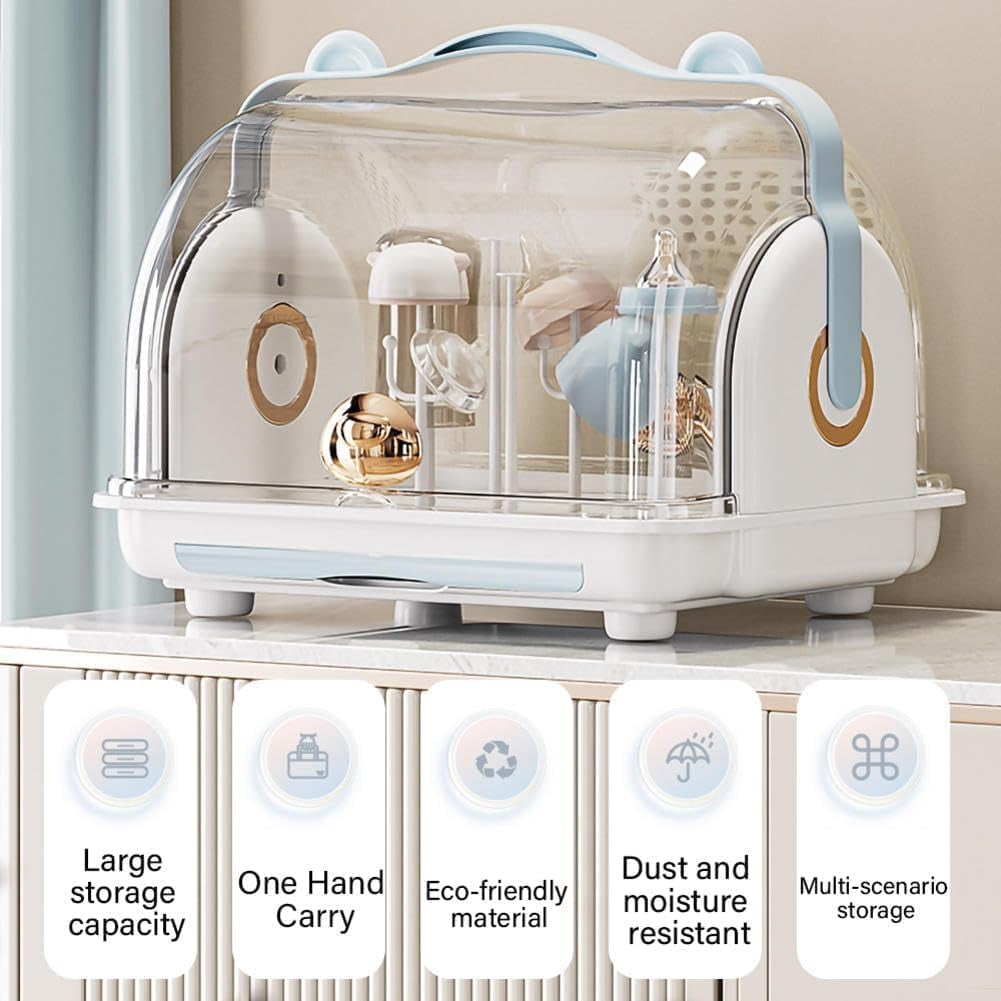 Baby Bottle Drying Rack Storage with 3 Brush, Nursing Bottle Storage Box Organizer with Cover, Portable Kitchen Cabinet Organizer, Durable Countertop Dryer (Blue)