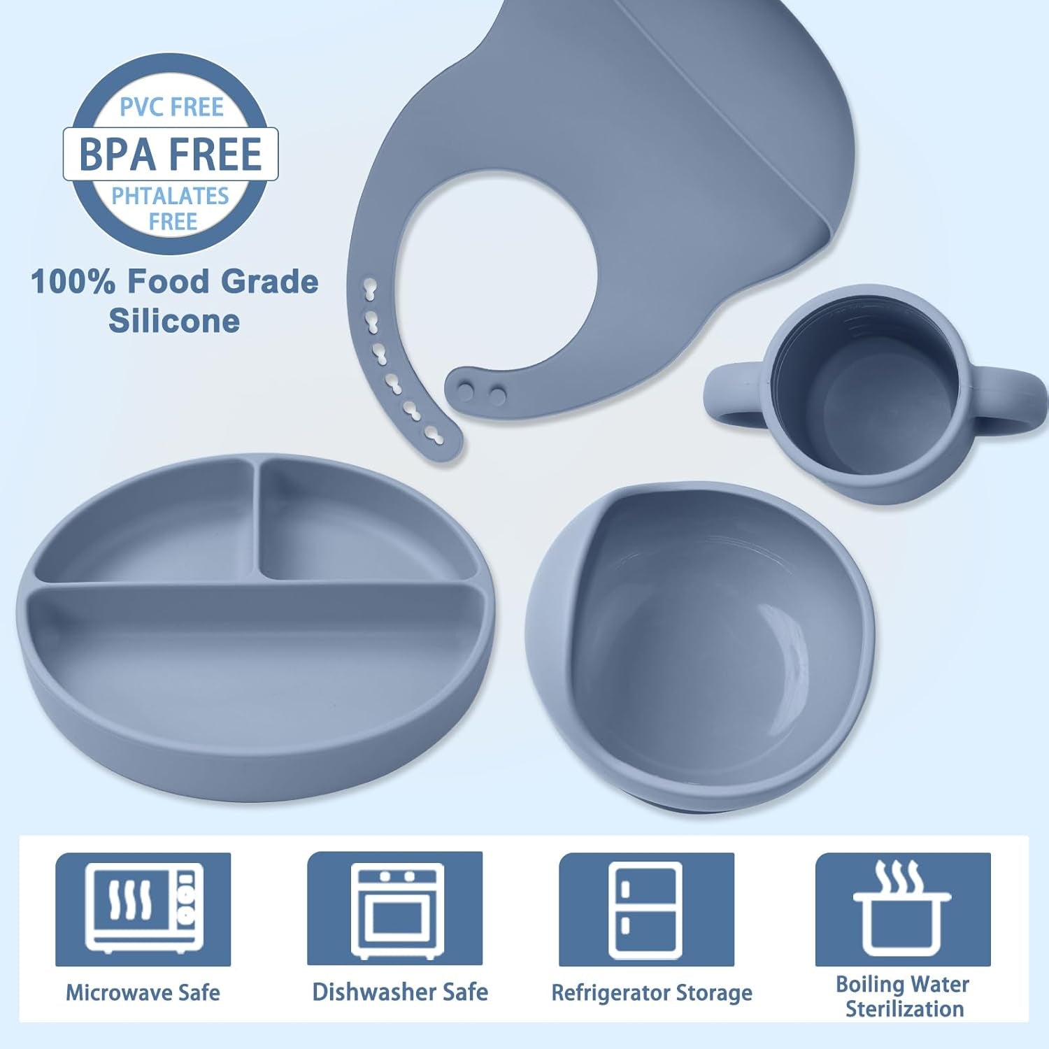 Silicone Baby Feeding Set 14 Pcs,Baby Led Weaning Supplies, Baby Spoons Suction Bowl Divided Plate Bib Cup Finger Brush,First Stage Solid Food Eating Utensils - 6+ Months(Blue Gray)