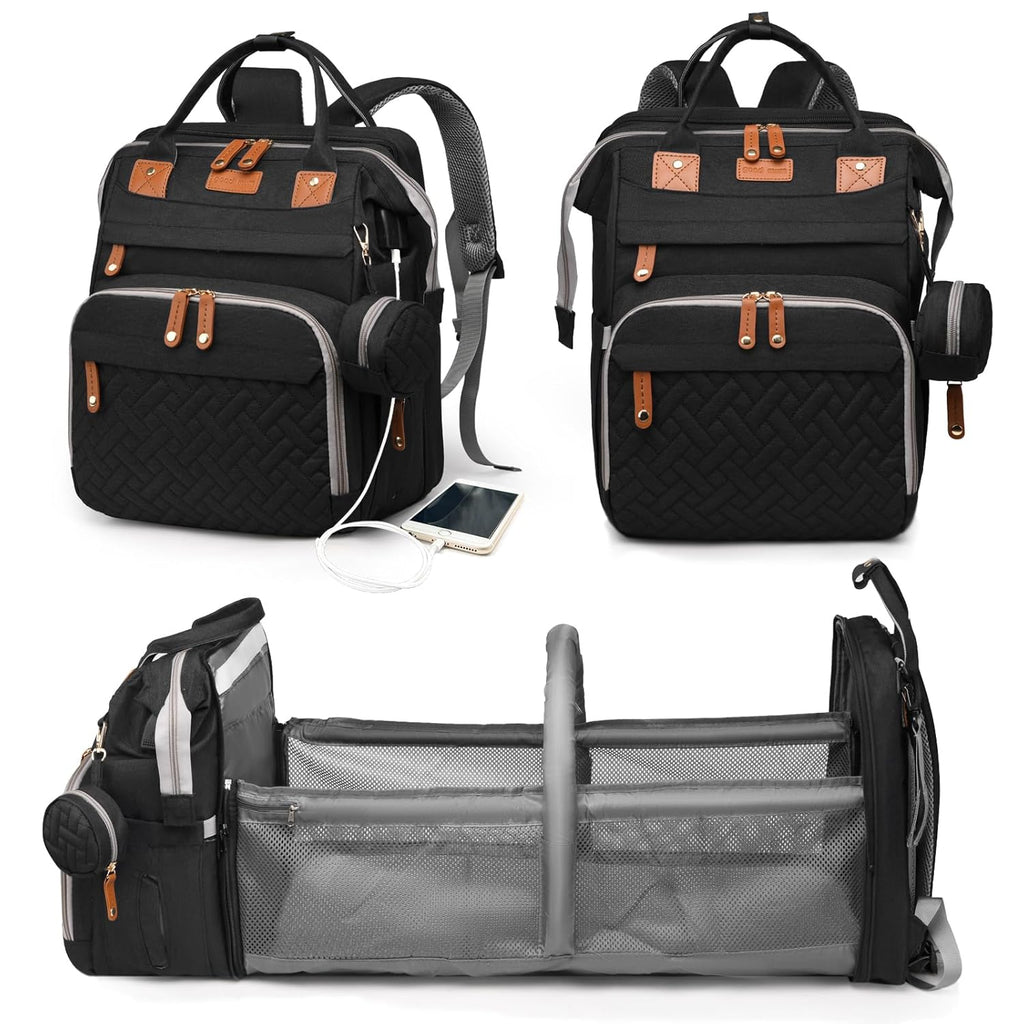 Baby Diaper Bag with Changing Station, Waterproof Diaper Bag Backpack for Moms Dads with USB Charging Port, Baby Shower Gifts, Large Capacity Diaper Backpack, Black