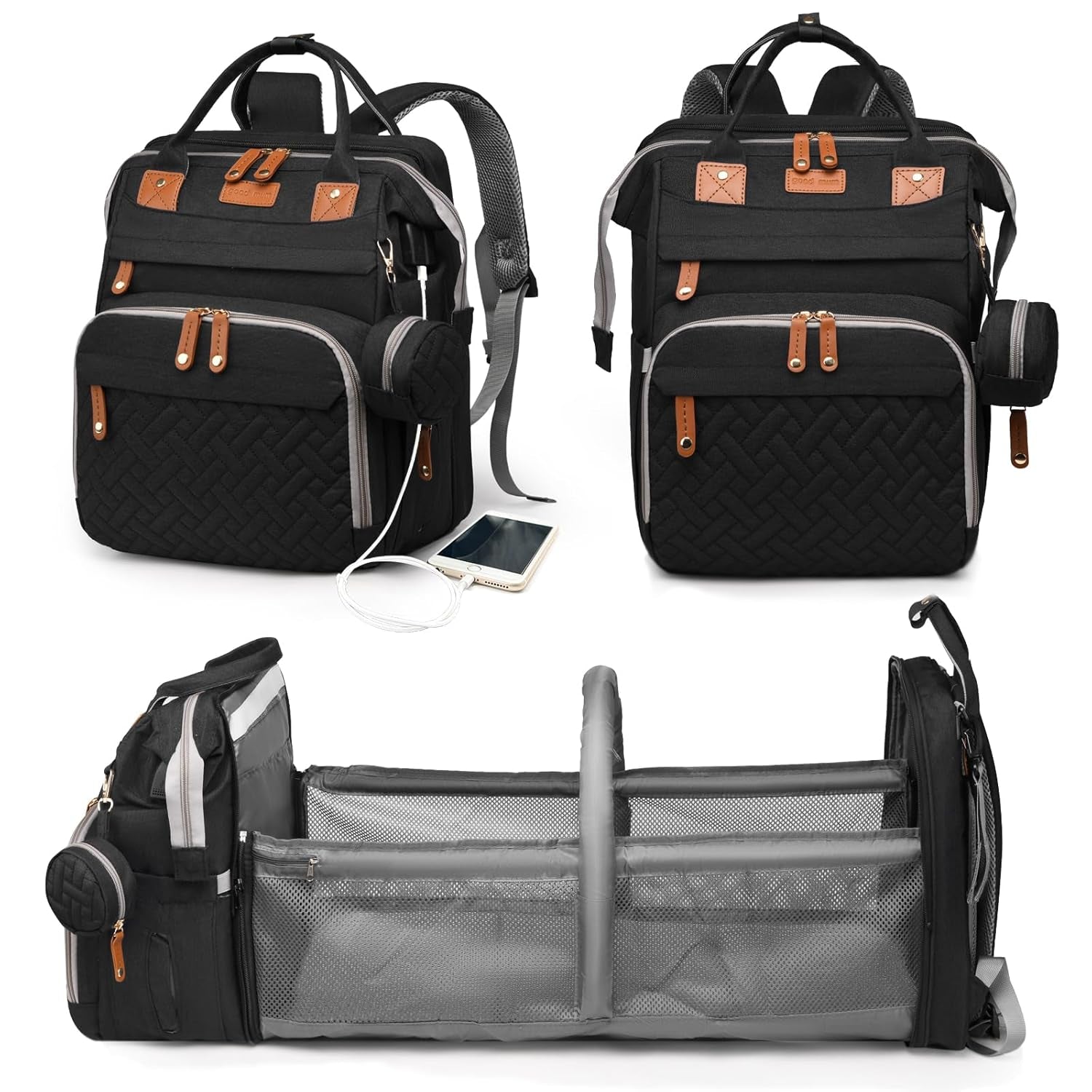 Baby Diaper Bag with Changing Station, Waterproof Diaper Bag Backpack for Moms Dads with USB Charging Port, Baby Shower Gifts, Large Capacity Diaper Backpack, Black
