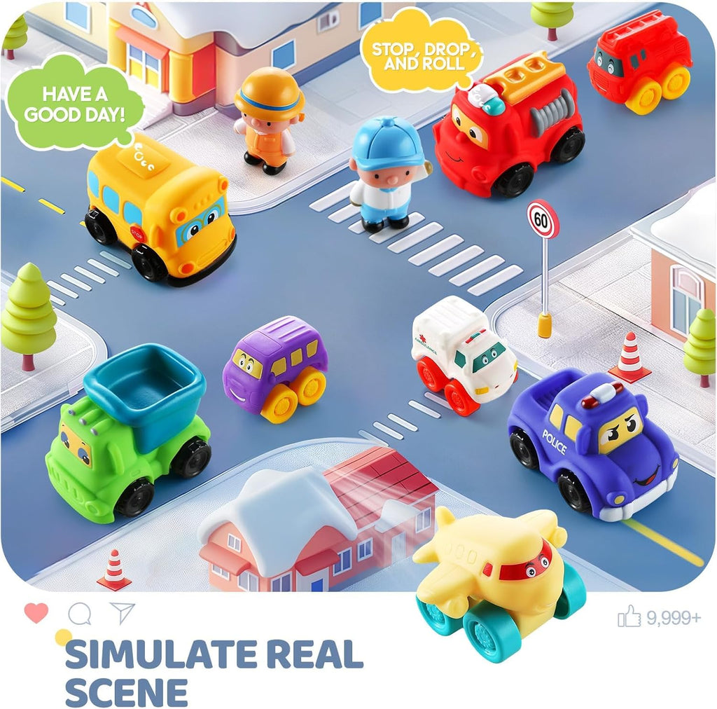 Soft Rubber Toy Figure Car for 1 Year Old Boy with Playmat (Storage Bag)|12 PCS Cartoon Cars Baby Toys for 12-18 Months & Toddler Age 1-2|First Birthday|Gift for 1 2 3 Year Old Boy