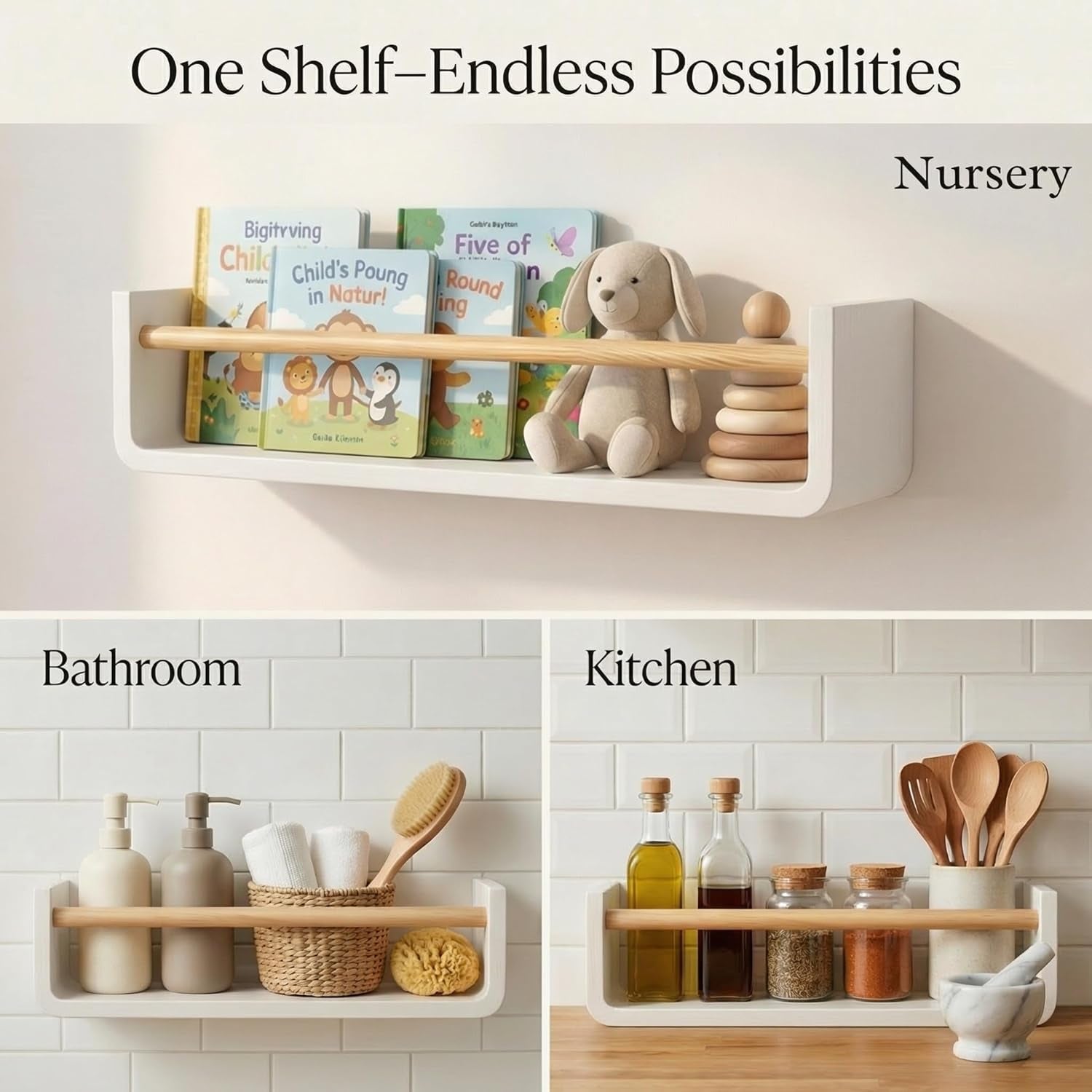 Nursery Book Shelves Set of 2 - Solid Pine Wood Nursery Bookshelf, Floating Nursery Shelves for Wall, Wall Bookshelf for Kids Room, No-Assembly Wall Mounted Baby Book Shelf. (White)