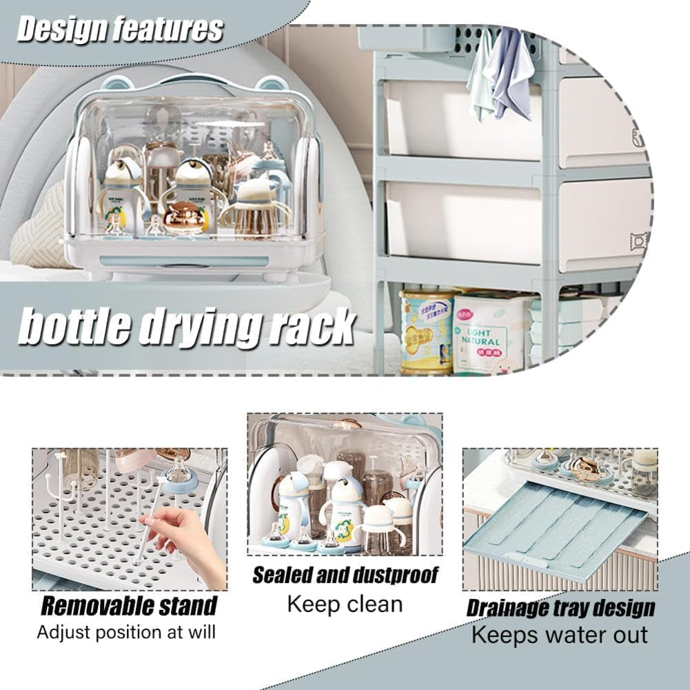 Baby Bottle Drying Rack Storage with 3 Brush, Nursing Bottle Storage Box Organizer with Cover, Portable Kitchen Cabinet Organizer, Durable Countertop Dryer (Blue)