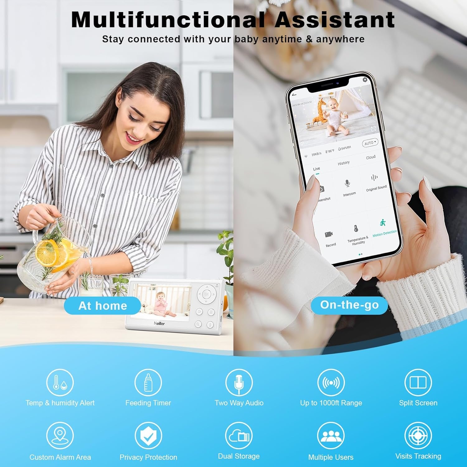 Baby Monitor, 4.3" Video Baby Monitor with 1080P Camera, Smart 2.4G Wifi Audio Monitor with Remote PTZ, Night Vision, 2-Way Talk, Sleep Mode, RGB Night Lights, Lullabies & 1000Ft Range, APP Control