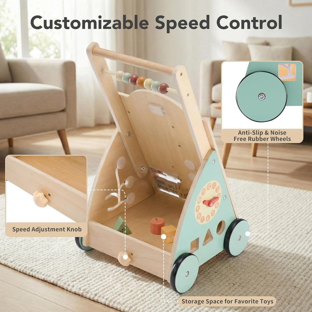 Wooden Baby Push Walker, Montessori Activity Toys with Adjustable Speed for 1 Year Old, Silent Rubber Wheels, Wood