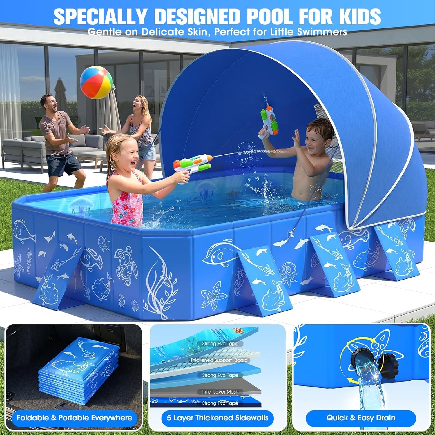 Kiddie Pool with Canopy,Baby Swimming Pool for Toddler,Non-Inflatable Portable Pool for Kid,Foldable Toddler Pool with Shade,Kids Pool for Backyard.Outdoor Pop up Kiddie Beach Pool 53"X40"X33'