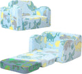 Glowing Dinosaur Kids Chair, 2-In-1 Convertible Kids Couch Fold Out to Lounger, Glow-In-The-Dark Dino Sofa for Boys Ages 1-3, Soft Foam Flip-Out Seat with Washable Cover, Sky Blue | Reading, Relaxing