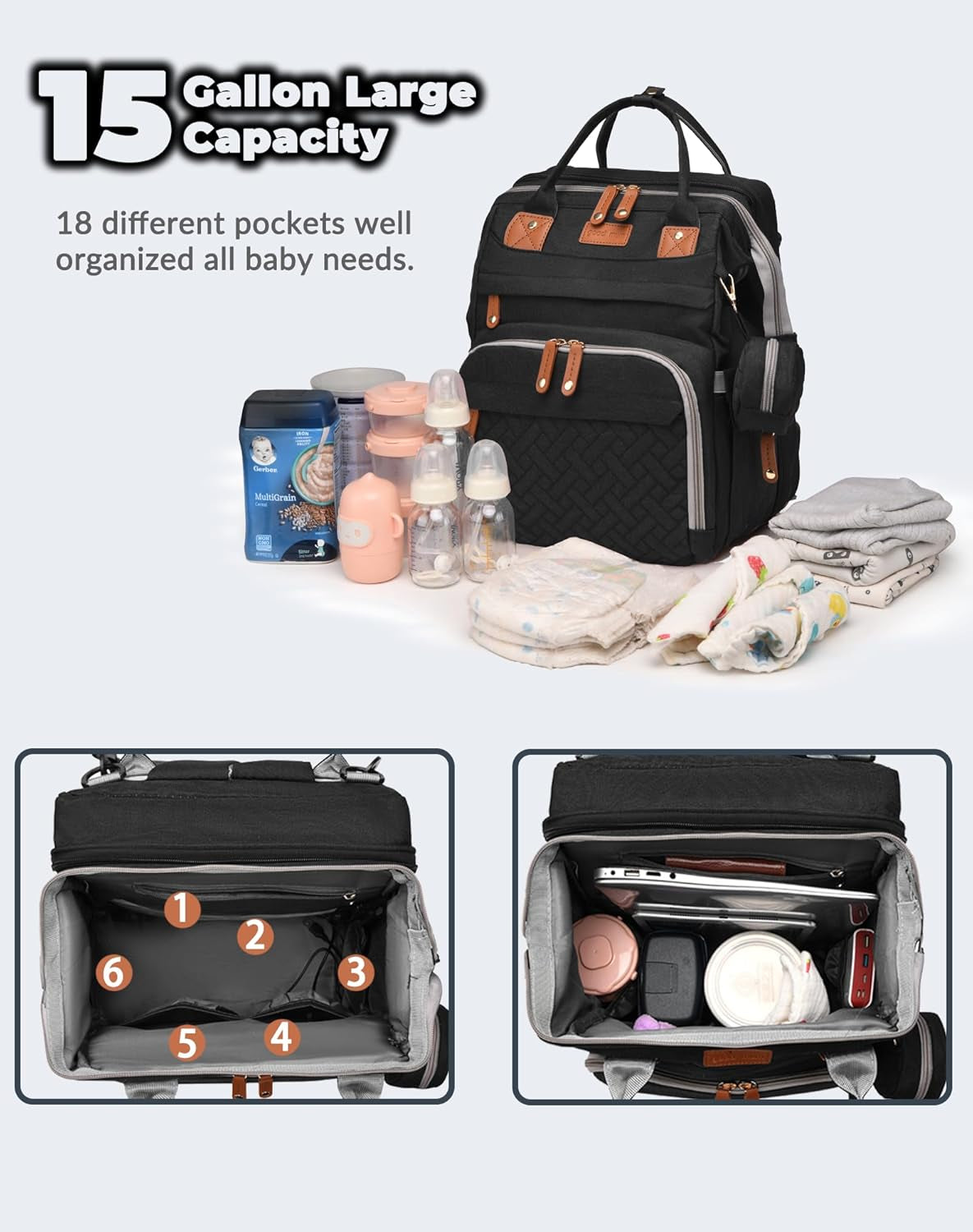 Baby Diaper Bag with Changing Station, Waterproof Diaper Bag Backpack for Moms Dads with USB Charging Port, Baby Shower Gifts, Large Capacity Diaper Backpack, Black