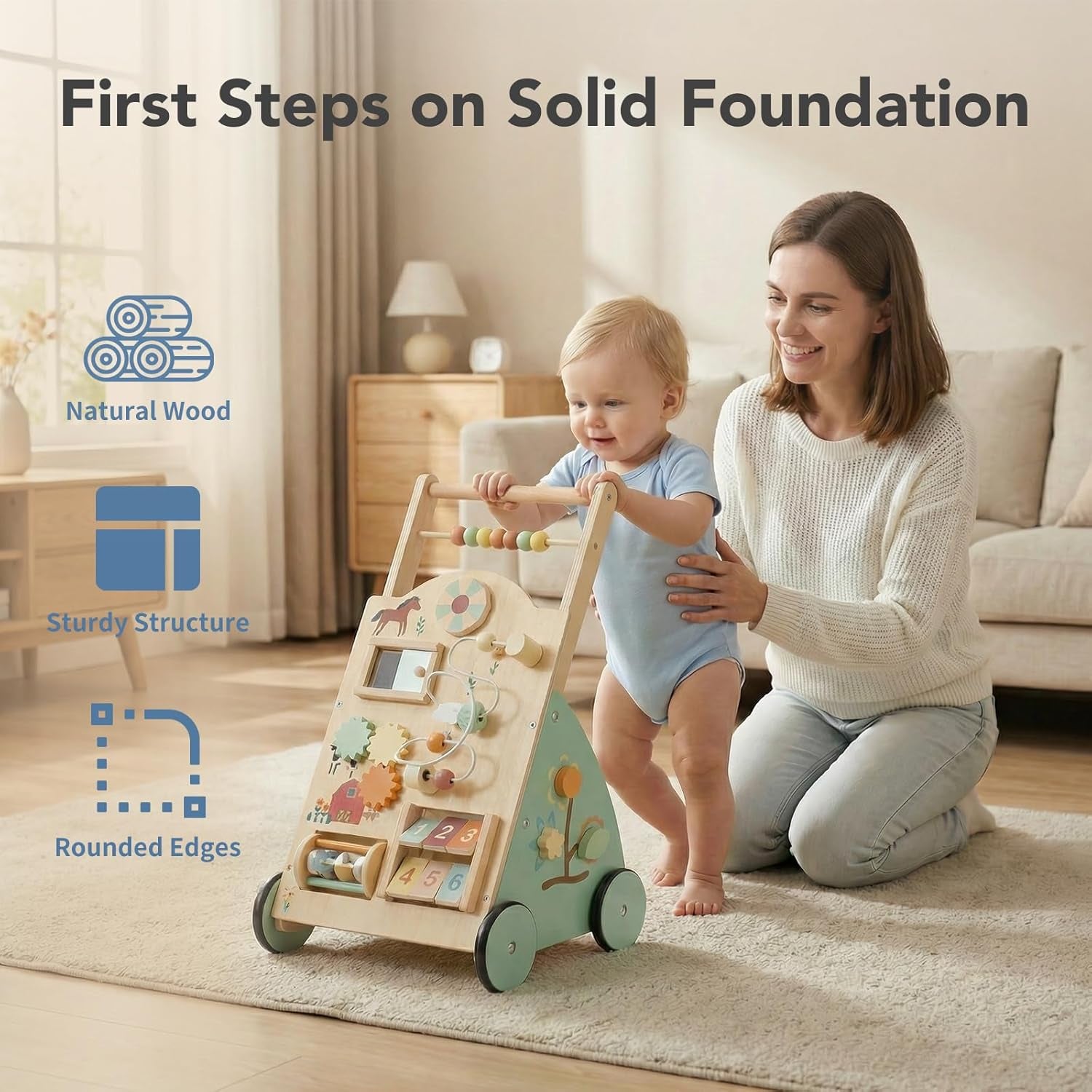 Wooden Baby Push Walker, Montessori Activity Toys with Adjustable Speed for 1 Year Old, Silent Rubber Wheels, Wood