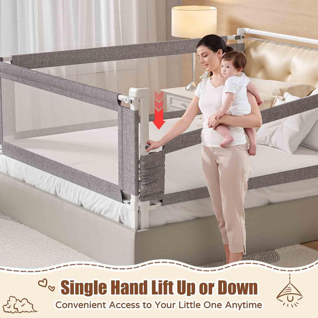 3-Piece Queen Size Bed Rail for Toddlers - Height Adjustable Baby Bed Rail Guard with Headboard Rod,Safety Bed Rails for Queen Size Bed with Child Lock(78.74X78.74X59Inch