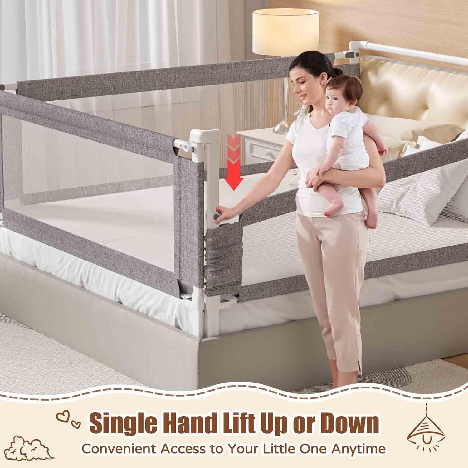 3-Piece Queen Size Bed Rail for Toddlers - Height Adjustable Baby Bed Rail Guard with Headboard Rod,Safety Bed Rails for Queen Size Bed with Child Lock(78.74X78.74X59Inch