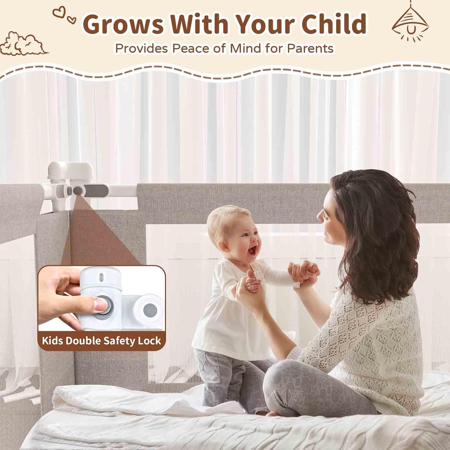 3-Piece Queen Size Bed Rail for Toddlers - Height Adjustable Baby Bed Rail Guard with Headboard Rod,Safety Bed Rails for Queen Size Bed with Child Lock(78.74X78.74X59Inch