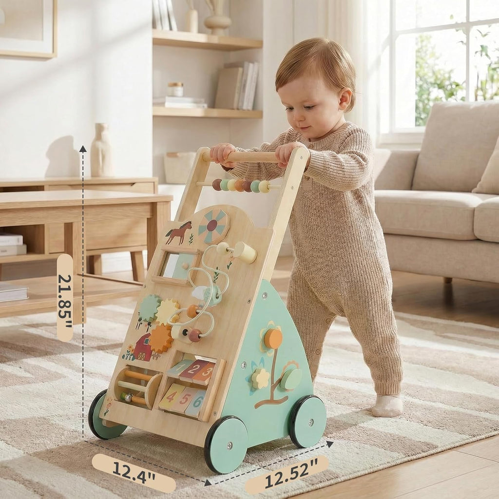 Wooden Baby Push Walker, Montessori Activity Toys with Adjustable Speed for 1 Year Old, Silent Rubber Wheels, Wood