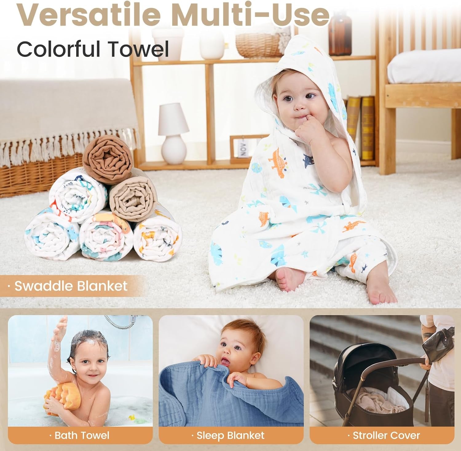 Muslin Bath Towel for Toddler 4 Pcs, 36X36 Inch 100% Muslin Cotton Baby Hooded Bath Towel and Washcloths for Babies, Infant and Kids, Soft and Absorbent Newborn Essential(Pink and Elephant)