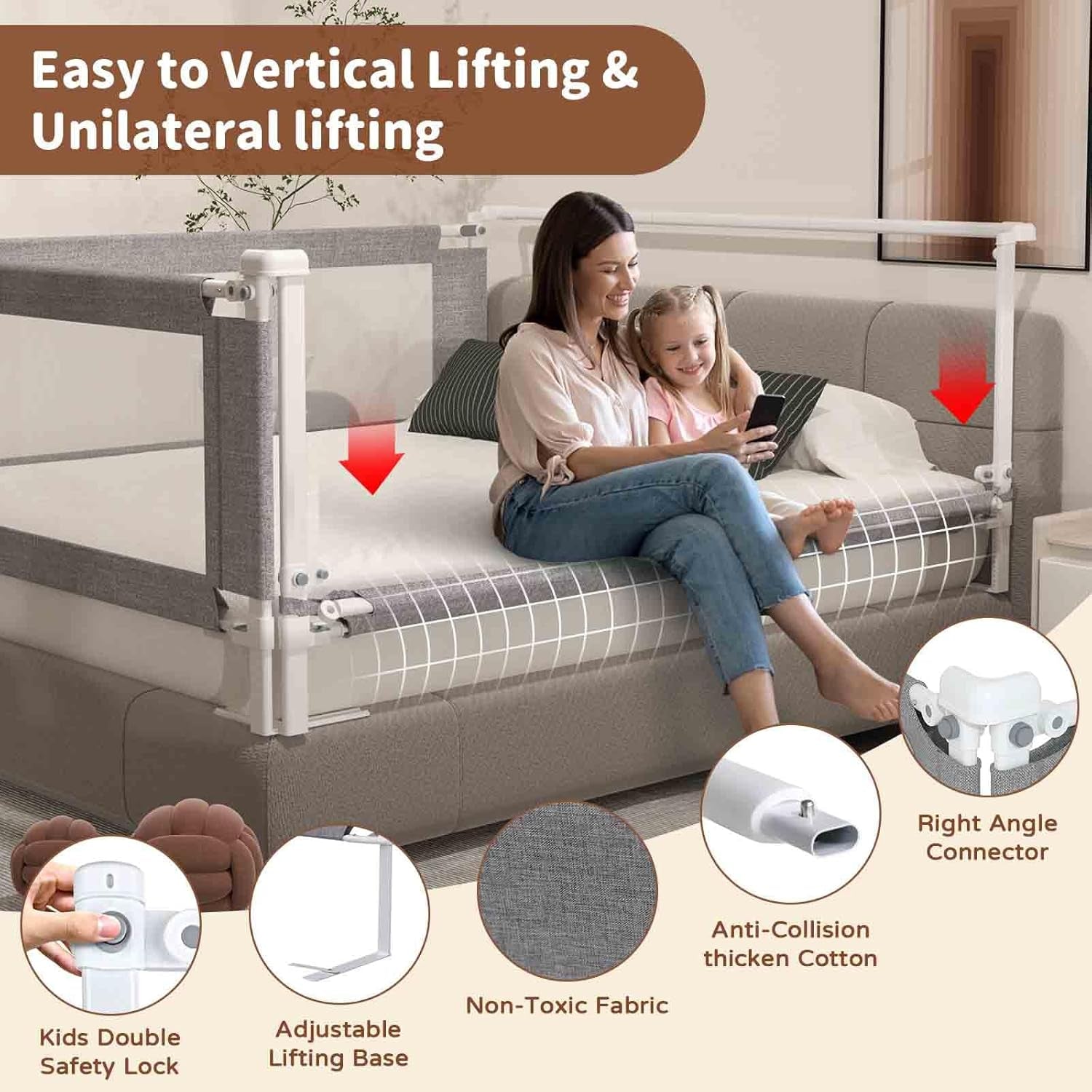 3-Piece Queen Size Bed Rail for Toddlers - Height Adjustable Baby Bed Rail Guard with Headboard Rod,Safety Bed Rails for Queen Size Bed with Child Lock(78.74X78.74X59Inch