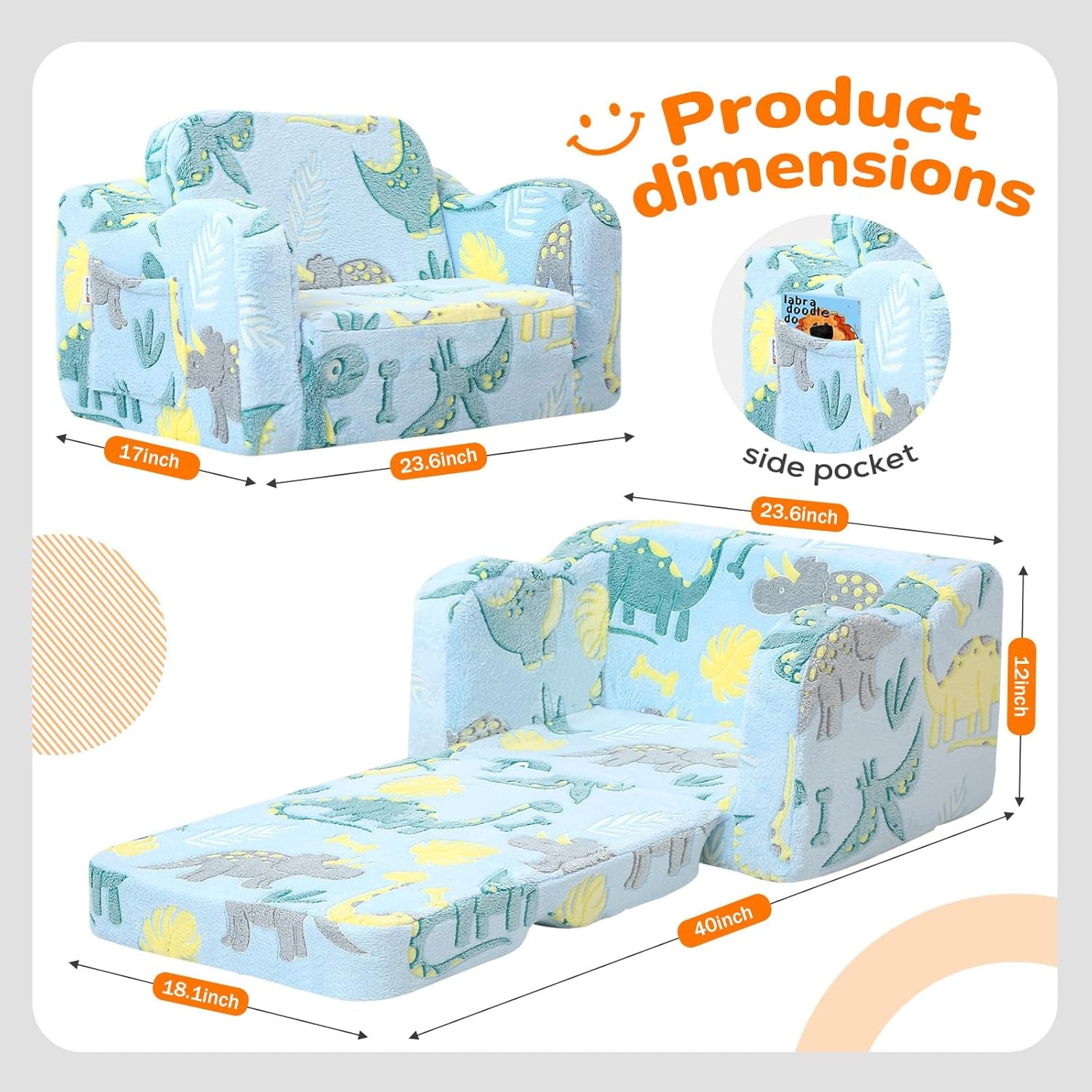 Glowing Dinosaur Kids Chair, 2-In-1 Convertible Kids Couch Fold Out to Lounger, Glow-In-The-Dark Dino Sofa for Boys Ages 1-3, Soft Foam Flip-Out Seat with Washable Cover, Sky Blue | Reading, Relaxing