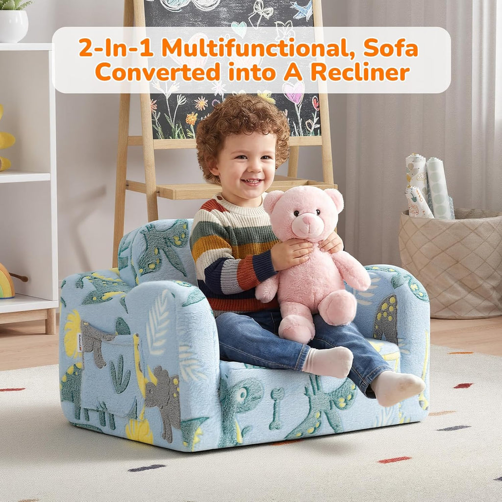 Glowing Dinosaur Kids Chair, 2-In-1 Convertible Kids Couch Fold Out to Lounger, Glow-In-The-Dark Dino Sofa for Boys Ages 1-3, Soft Foam Flip-Out Seat with Washable Cover, Sky Blue | Reading, Relaxing