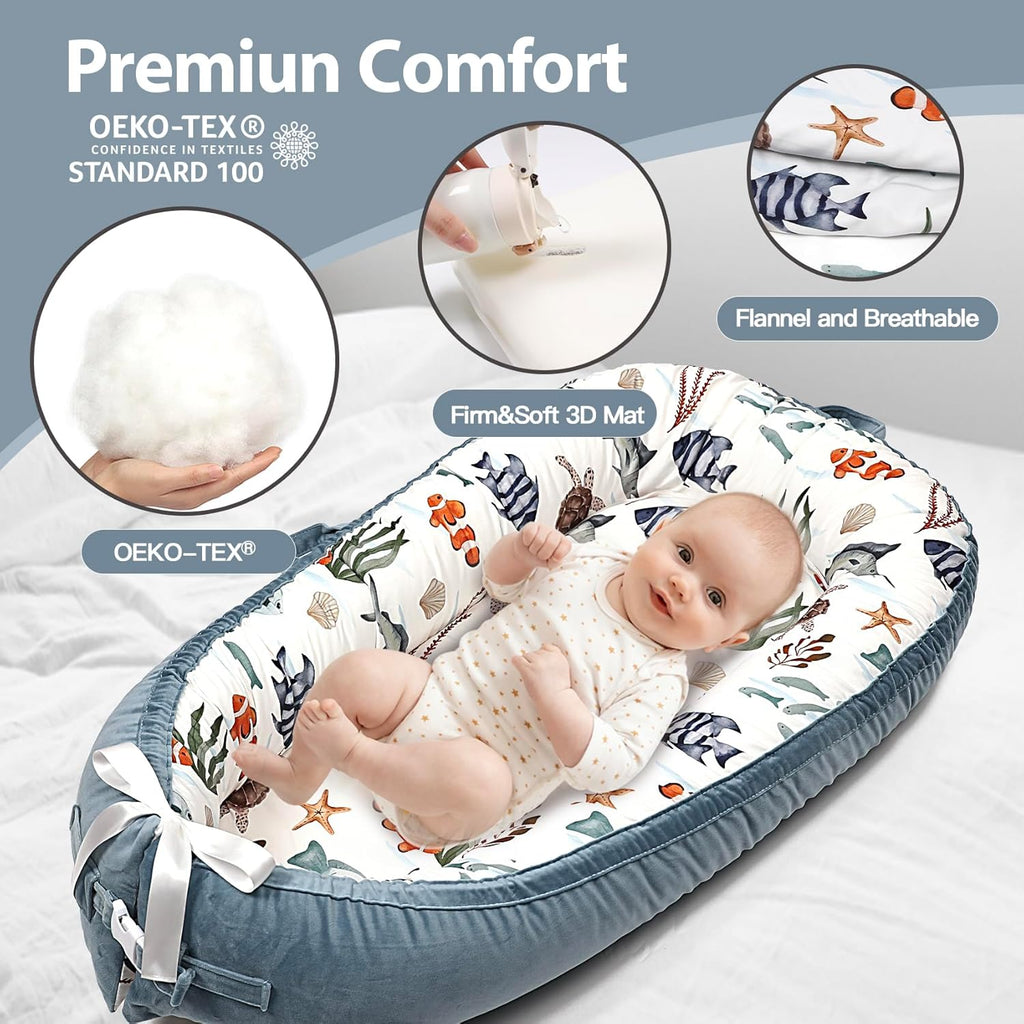 Infant Support Cushion - Breathable and Soft Organic 100% Cotton, Portable Tummy Time Mat with Removable Cover, Newborn Baby Essentials Gifts for 0-24 Months - Sea World