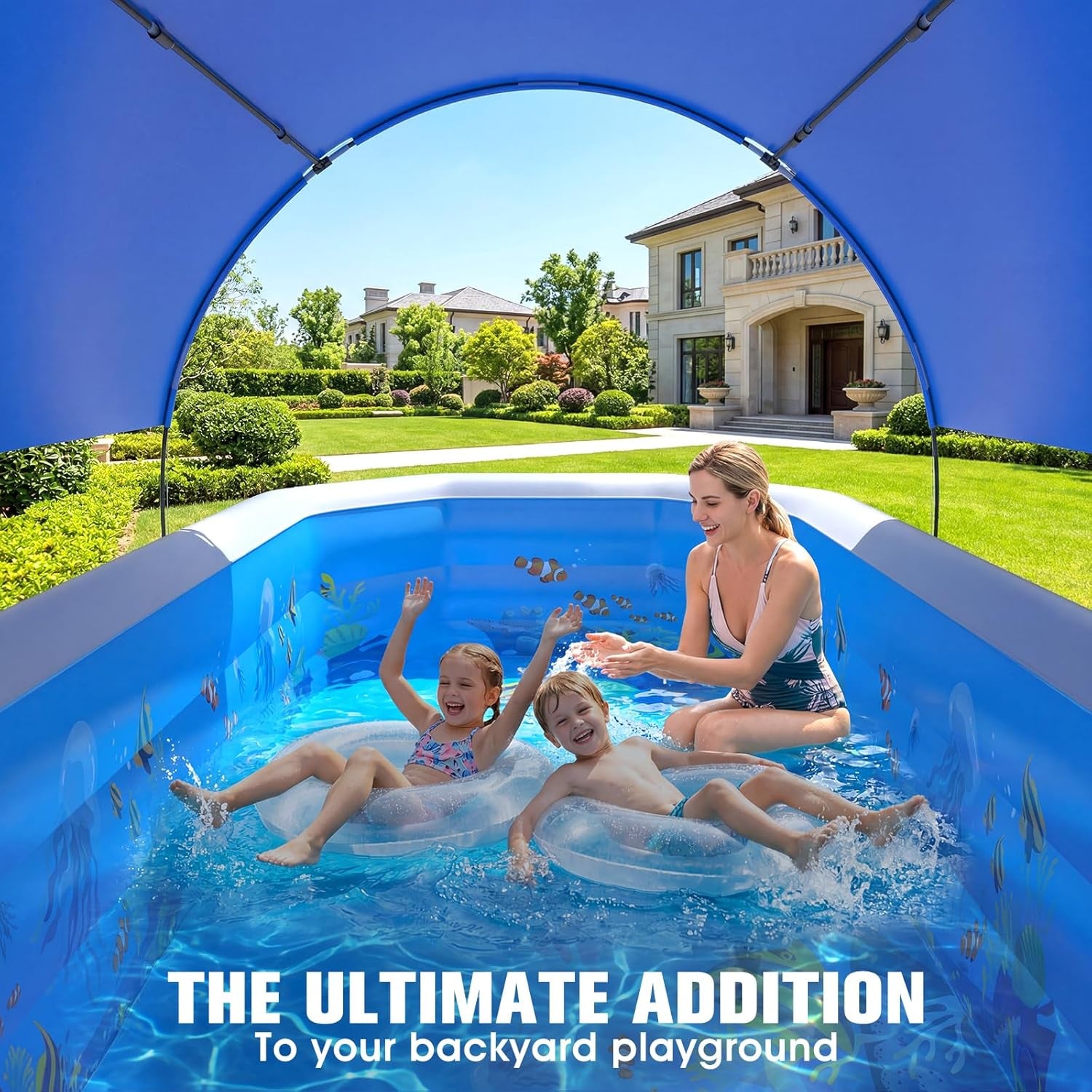 2026 Inflatable Pool with Canopy, Large Inflatable Pool for Kids,Adults, Blow up Pools with Seats,Oversize Thickened 118"X75"X22"Inflatable Swimming Pools, Kids Pool for Backyard,Ocean Theme-Blue